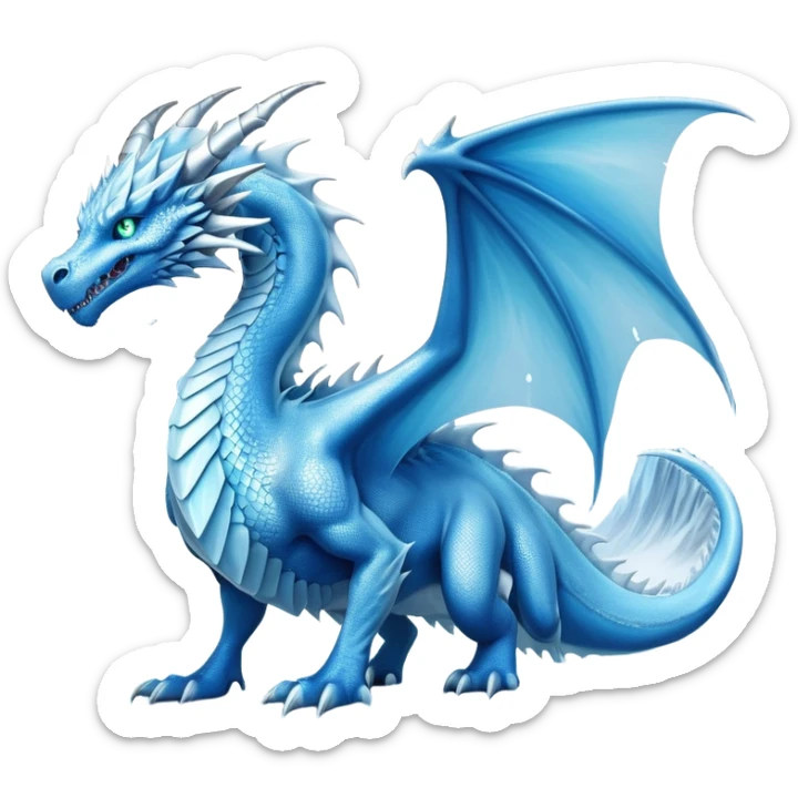 Cinematic Noble wise elegant Ice Dragon full body  Emoji, Poised and imposing, distinct long elegant snout, with a slender, scaled body shimmering in glacial hues of icy blue, frostbitten silver, and crystalline white, breathing out frost, with piercing, glowing ice blue white eyes that radiate the chilling depths of an arctic storm; rendered in detail. excuding wisdom sticker