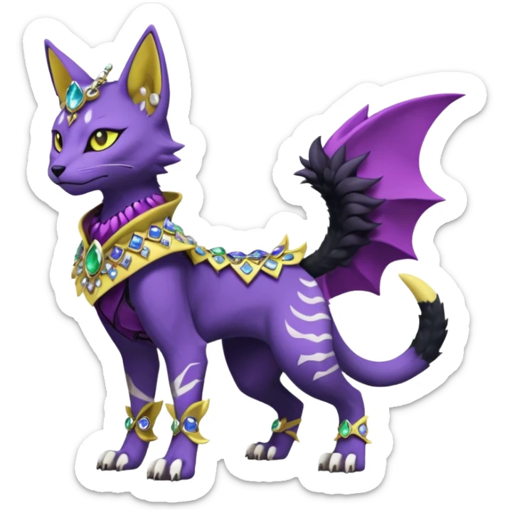 Kawaii cute Violet Yellow Black beautiful pretty elegant divine edgy feline-vernid-sergal-Fakémon-Pokémon-Digimon-fursona-animal-creature, full body, with intricate detailed markings, Embroidered capelet, Gem-studded horn ring sticker