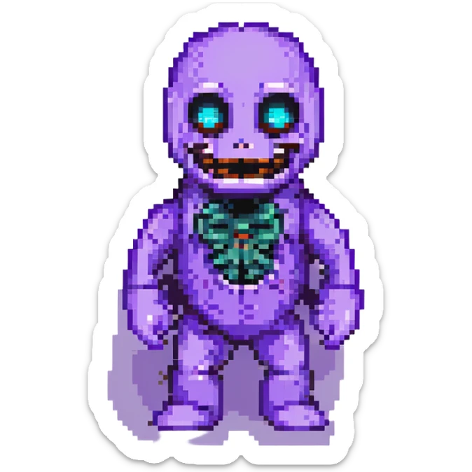 Add glowing eyes to Purple Guy from FNAF with a sinister grin in pixel art style with no background. sticker