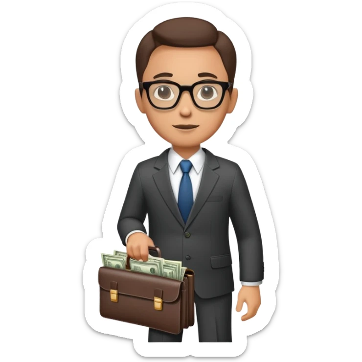 businessman in suit and glasses with an open briefcase full of dollar bills sticker