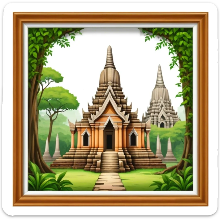 Cinematic Realistic Ayutthaya Ruins Landmark Emoji, depicted with ancient temple ruins amid lush greenery rendered with dramatic textures and nostalgic, warm lighting. sticker