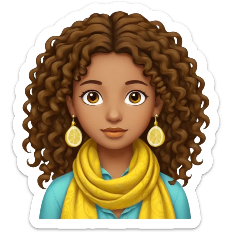 bohemian girl with brown skin, long curly brown hair up, lemon yellow scarf, round earrings sticker