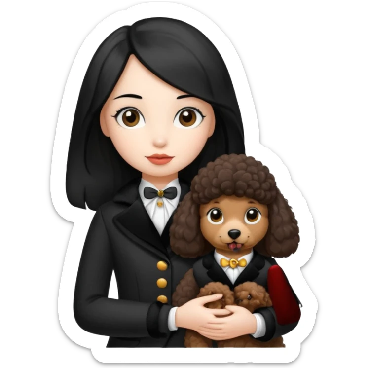 A girl who has long hair and looks like a penguin holds a brown poodle sticker