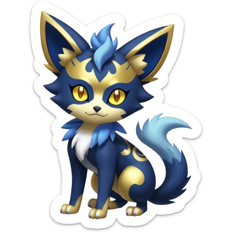 Shiny mExotic Badass Colorfulj Ethereal Royal Mysterious Gothic Meowstic-Zorua-Litten-Noibat-Pokémon-Fakémon-hybrid-creature (full body) with pattern-markings with golden eyes sticker