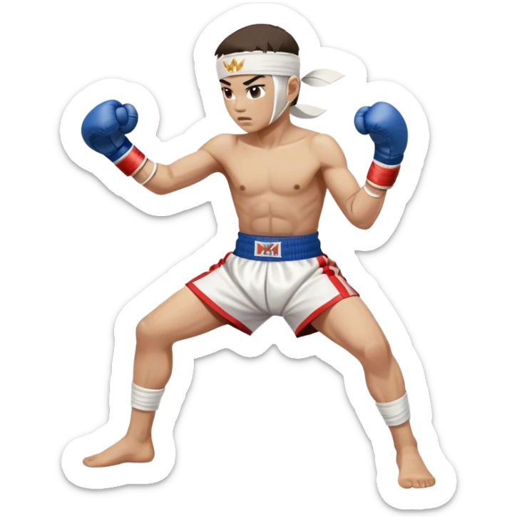​Cinematic Realistic Traditional Muay Thai Fighter such as Buakaw Banchamek, depicted in authentic attire featuring white bandaged gloves wrapped around his fists, a traditional headband tied neatly, and classic Muay Thai shorts, captured in a dynamic fighting stance under dramatic, high-energy lighting that highlights the raw power and elegance of the art, sticker