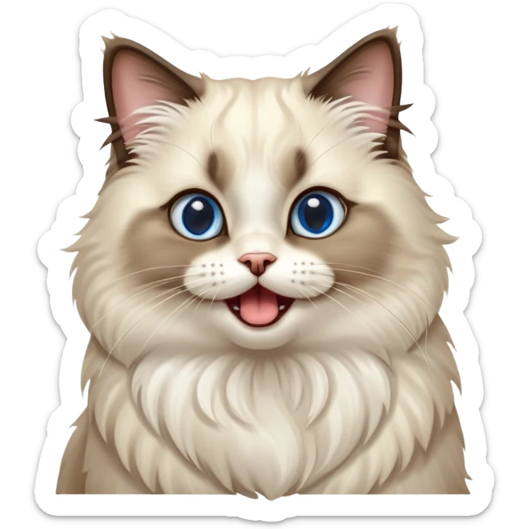 Cinematic-Adorable-Seal-Ragdoll-Cat-Portrait-Emoji – Big-eyed, fluffy Ragdoll cat with a playful head tilt and a cute yawn, soft brown-and-white fur with darker seal points on the ears and face, simplified yet irresistibly cute features, sparkling blue eyes full of mischief, highly detailed with a gentle glow. sticker