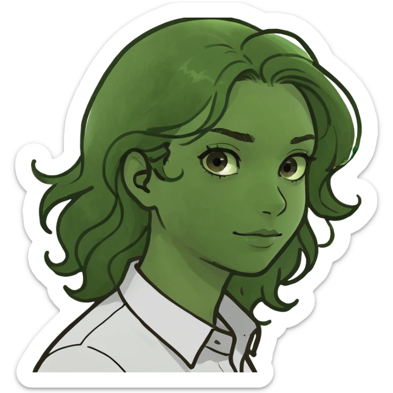 Girl wavy hair, brown eyes, side part, white shirt sticker