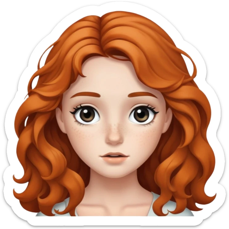 girl with wavy long hair, striking black eyes, subtle makeup, and scattered freckles sticker