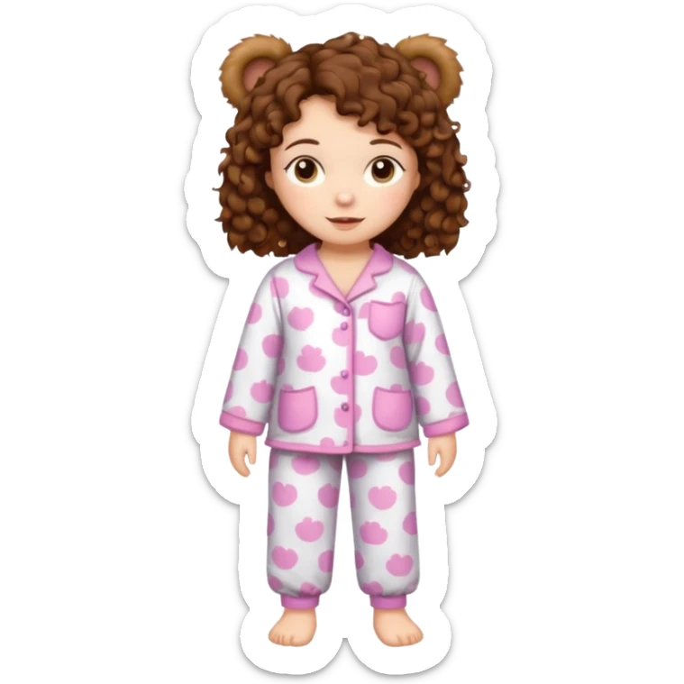 Grown up Woman with brown eyes, brown curly hair, white skin, full body in cute pijama bear sticker
