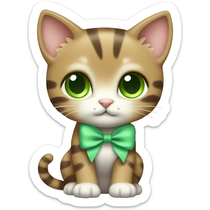 extremely cute kawaii brown tabby girl kitten with green eyes and pastel green bow full body sticker