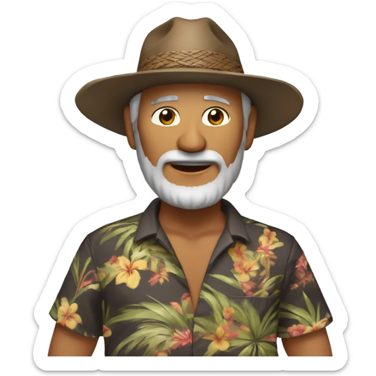 Native Hawaiian Male in with 57 years old of age,  playing a ukalele with a hawaiian closed shirt. Wearing brown shorts a cap. He has a goatiee beard of dark gray color. His skin is brown with east asian eye type.  sticker