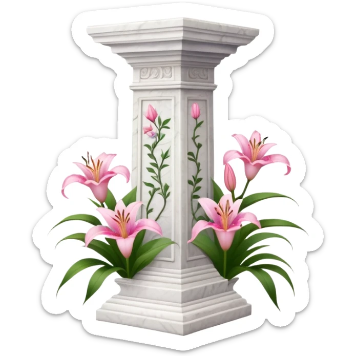 White tall marble pedestal with vines growing on it and pink lilies, beautiful romantic scenery  sticker
