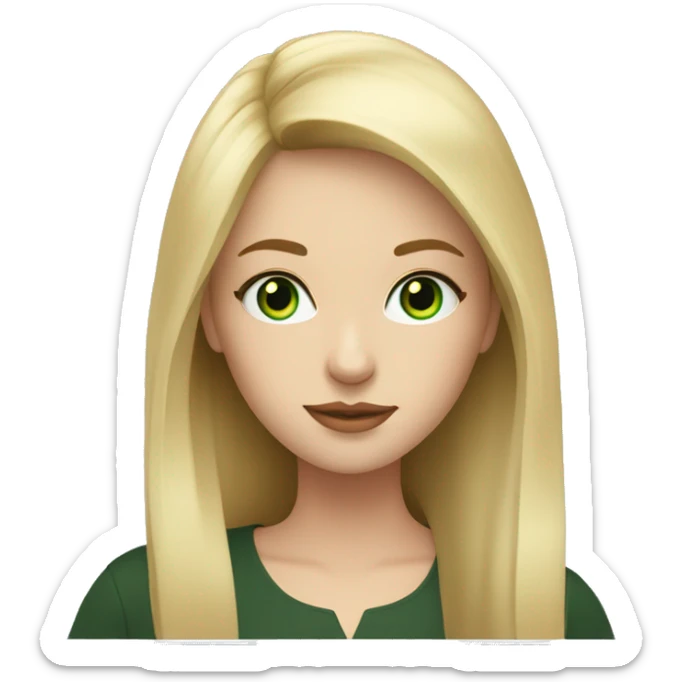 Young white woman, long blonde hair with bang, green eyes writing on laptop sticker