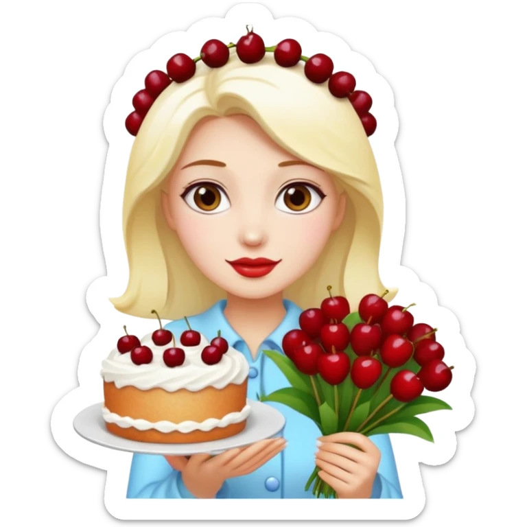 Beautiful woman with bouquet of flowers and lush white cakes with icing and cherries emoji style sticker
