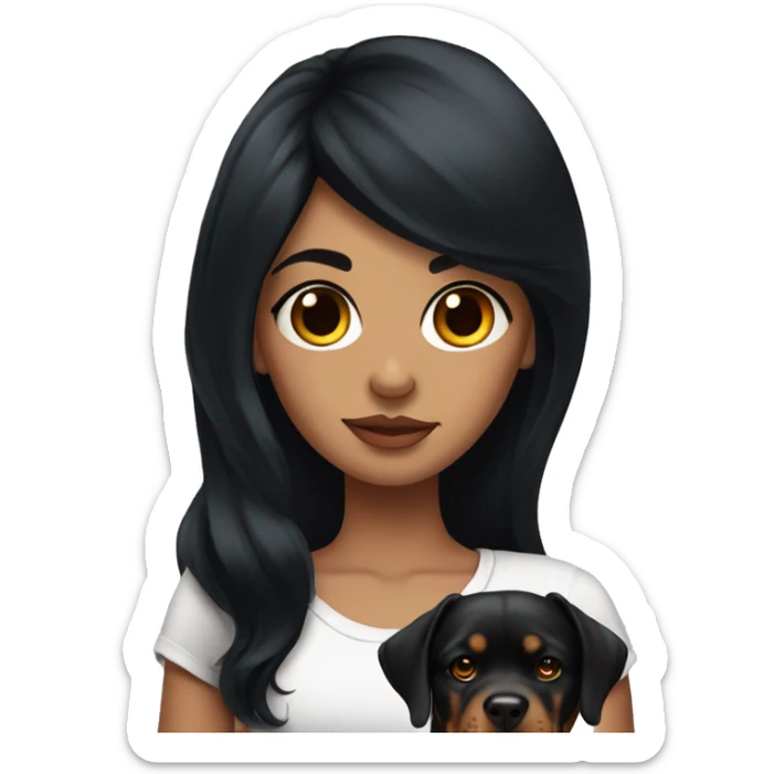 Girl with long black hair and tattoos with her Rottweiler sticker