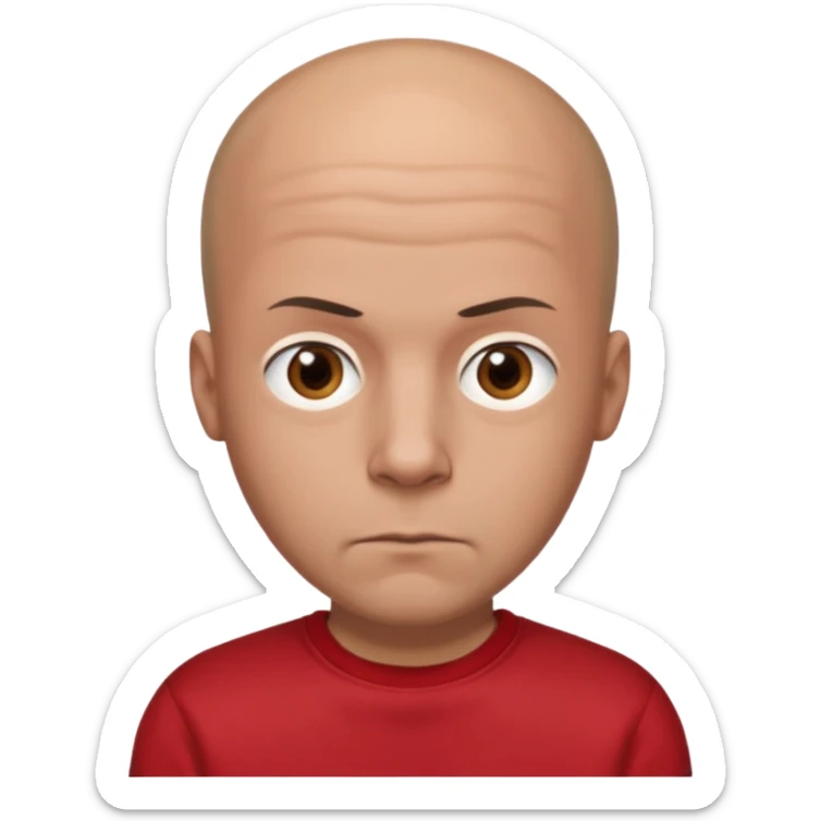 almost bald man, with hair on his head wearing a black sweatshirt and a red t-shirt under the sweatshirt and with brown eyes and a serious look  sticker