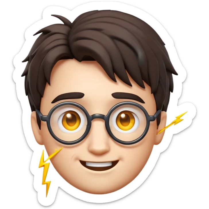 3D emoji of Harry Potter's face with round glasses, a lightning bolt scar on his forehead, messy dark hair, and a friendly smile in glossy emoji style. sticker