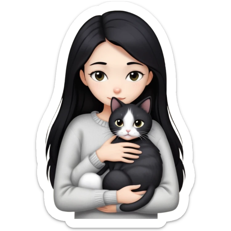 Beautiful skinny woman long dark black hair in sweater hug black white cat sticker