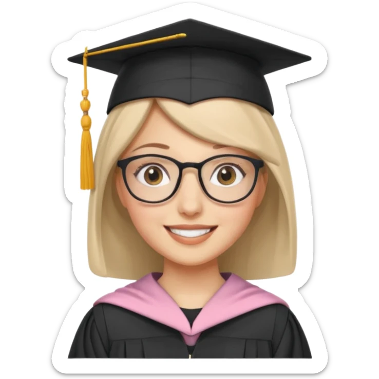 smiling white woman with hijab, glasses, and graduation cap sticker
