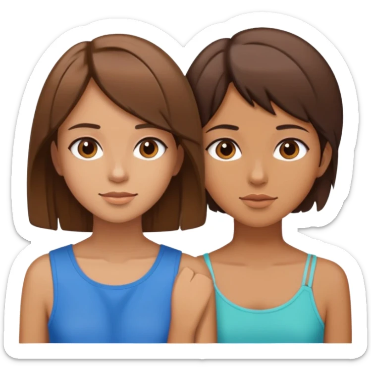 two girls, one with short layered choppy brown hair to the chin, tan skin; the other with straight brown hair to the shoulders, tan skin sticker