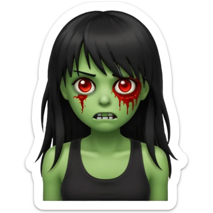 Zombie emoji with long hair black and bangs, with green skin, big red eyes, small nose, and a simple black tank top.  sticker