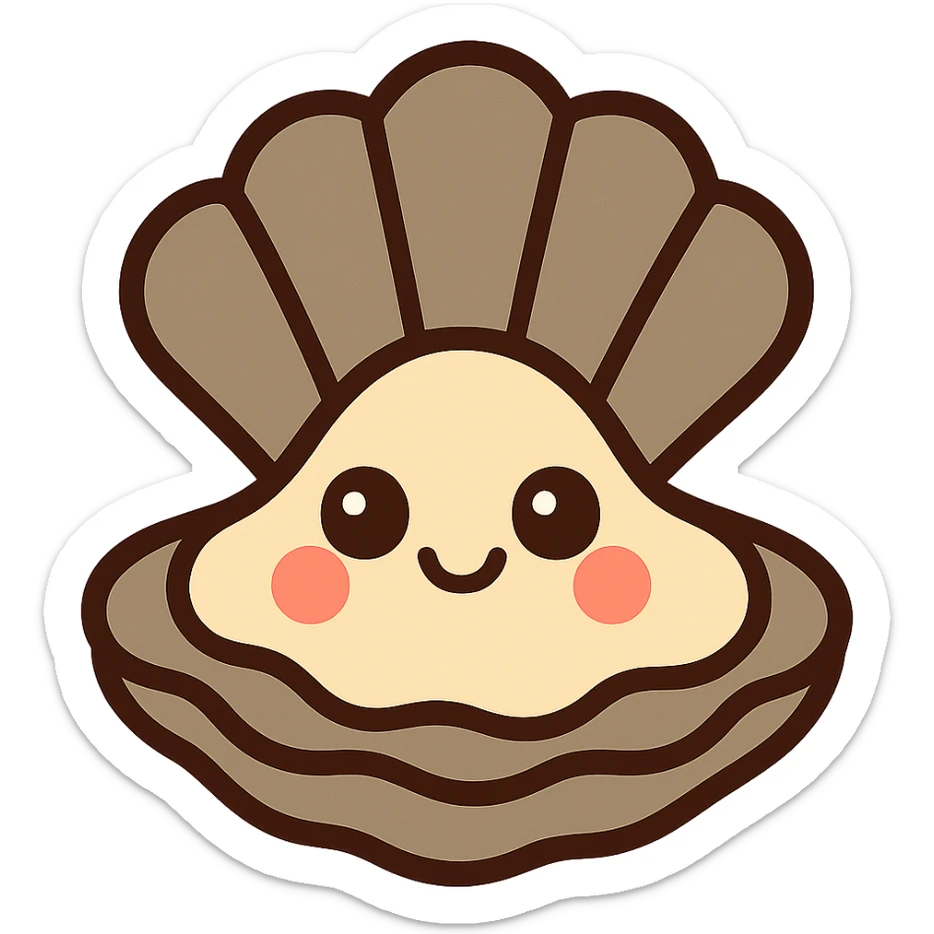 cute oyster, cream color, pink cheeks, doe eyes, greige shell, vibrant toon style sticker