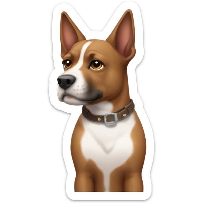 american stafforshire with brown fur with straps, and a white thing on his chest and snout, but the snout one smaller sticker