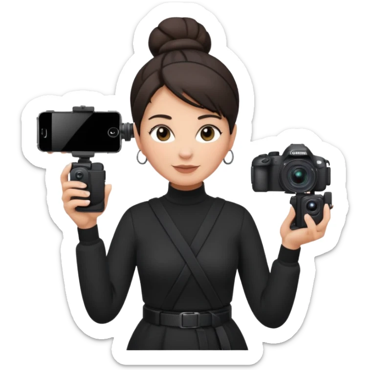 middle aged woman photographer with dark hair in a bun, wearing black clothes, carrying a canon r5 and an iPhone on a gimbal sticker