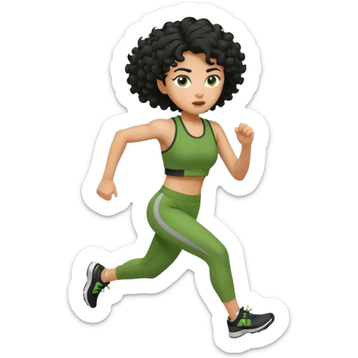 a woman with olive skin tone and curly black hair wearing green and running fast sticker