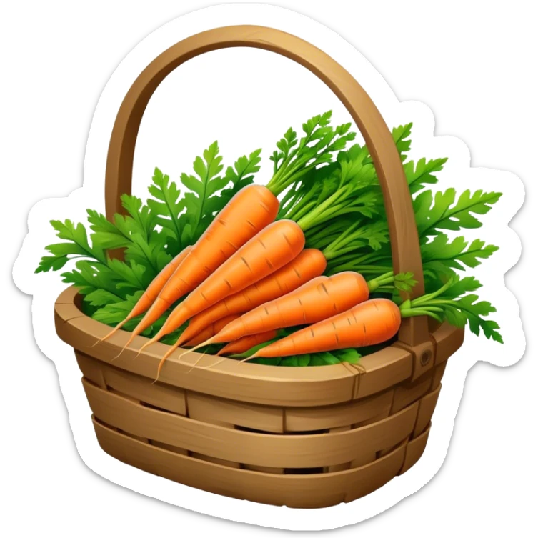 Cinematic vibrant orange carrot, crisp and fresh, slightly twisted with green leafy tops, arranged in a rustic wooden basket, natural and inviting. sticker