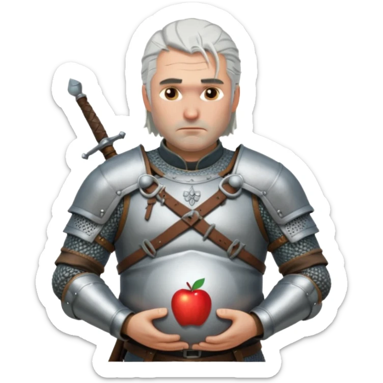 Geralt of Rivia holding pregnant belly, silver hair, medieval armor, serious expression, Apple emoji style sticker