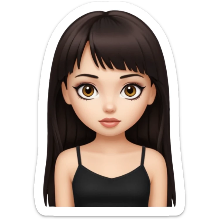 generate a pretty bratz girl in black cami top, dark brown straight long hair with bangs, eyeliner on. dark brown eyes sticker