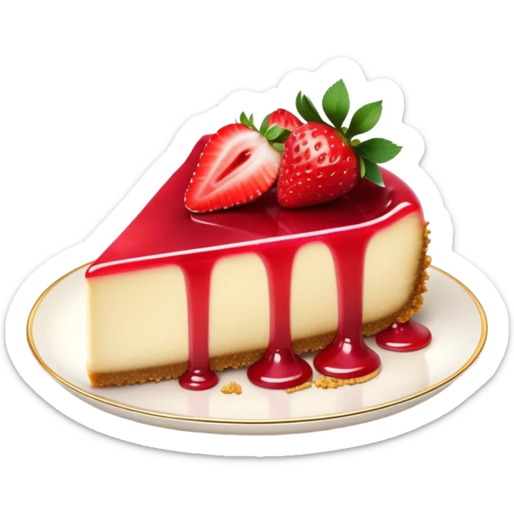 Cinematic creamy cheesecake, smooth and velvety, topped with fresh strawberries and a glossy fruit glaze, golden crumbly crust, beautifully plated, soft glowing background, indulgent and elegant. sticker
