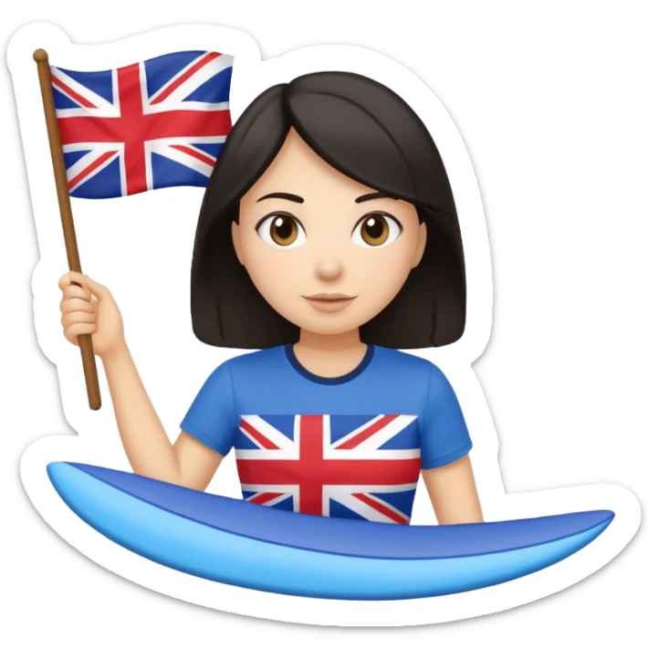 Woman teacher with dark hair in T-shirt with the UK flag surfing  sticker