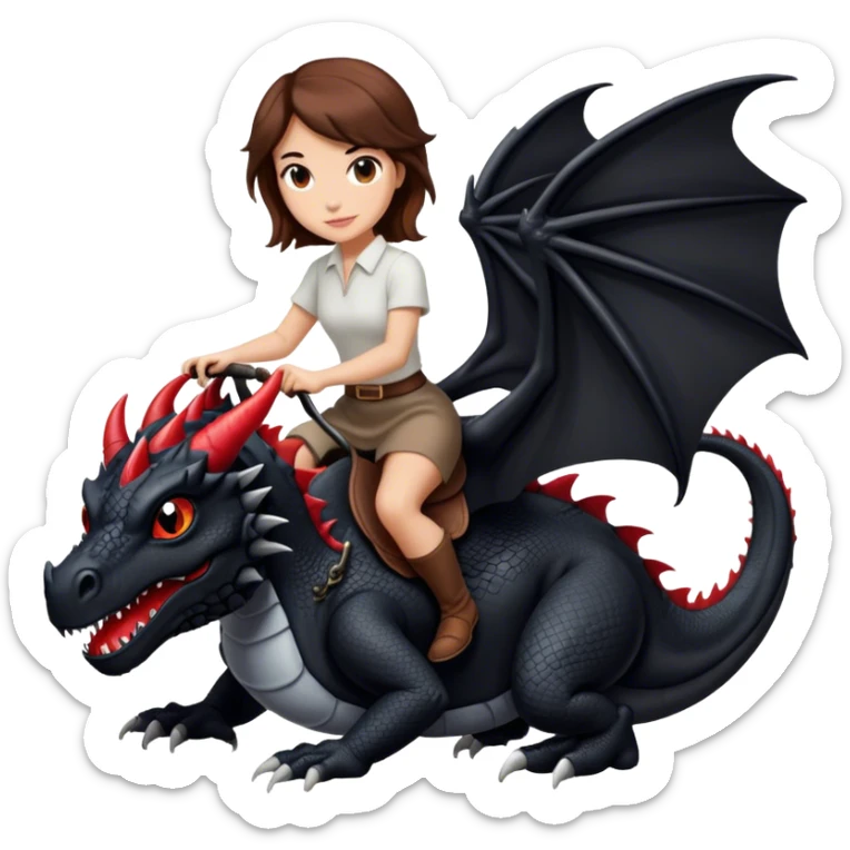 Me, a white female with brown hair, riding a black dragon with a tiny bit of red that has only two legs to your work sticker