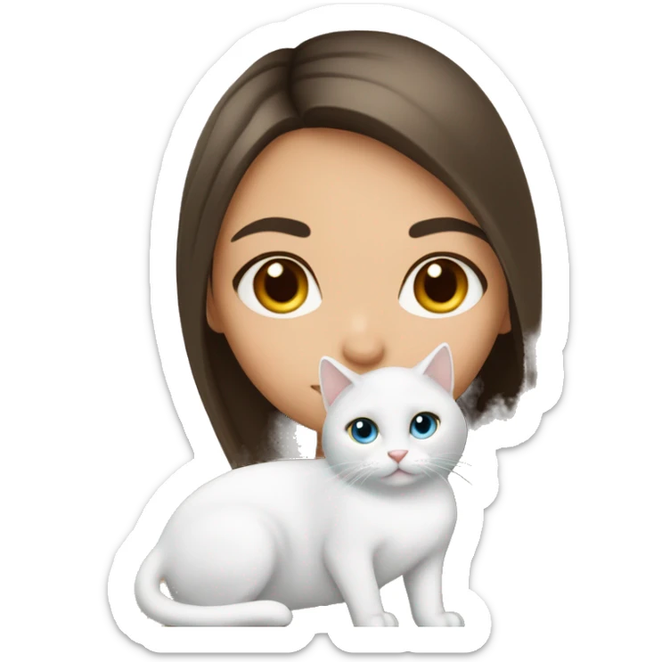 straight hair brunette girl kissing white cat with heterochromia eyes sticker