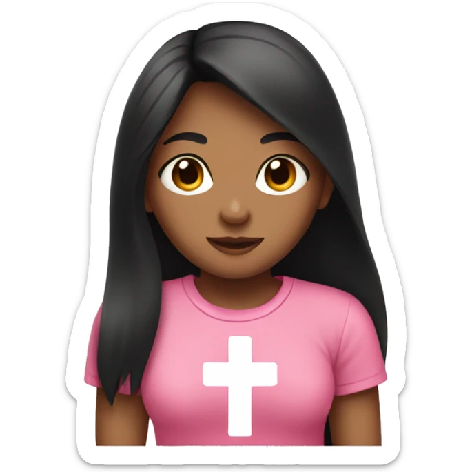 girl with black long hair wearing pink t-shirt with cross in her heart sticker