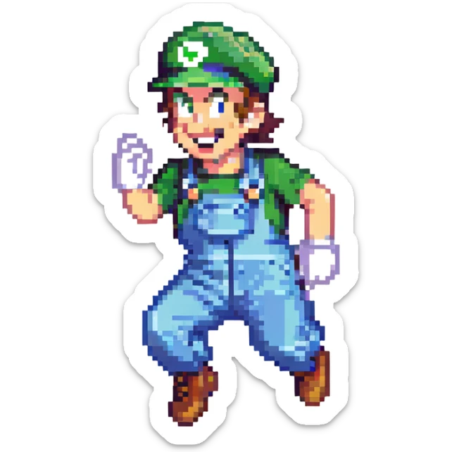 full body Luigi from Mario, classic green hat and blue overalls, jumping pose, pixel art style sticker