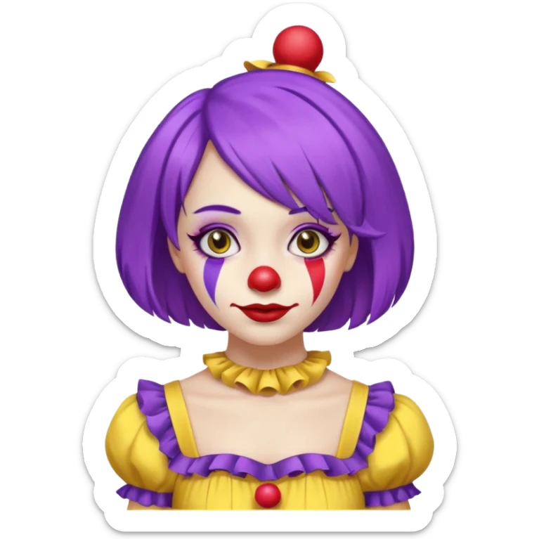 Clown girl with the human style. Has a purple wig, simple makeup, and a yellow dress sticker