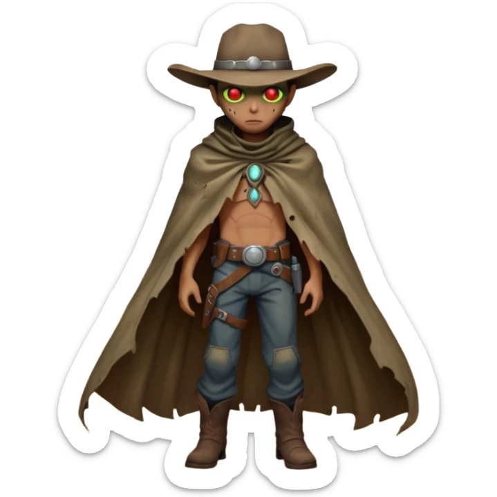 A rugged alien outlaw cowboy with scars and glowing red eyes, torn futuristic poncho, standing in a deserted alien town, dust blowing through empty streets, moody shadows, gritty sci-fi western realism
 sticker