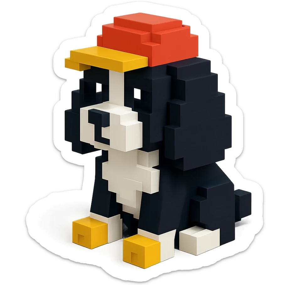 A black and white Russian Cocker Spaniel puppy wearing a cap, voxel style, sitting sticker