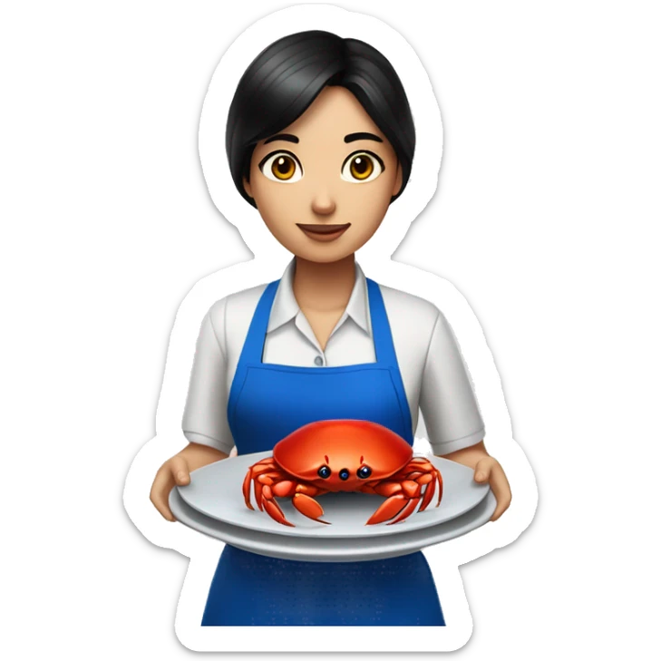 waiter girl with black hair with fair skin in a blue apron holds crab in a plate sticker