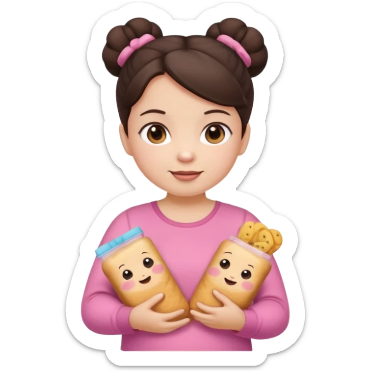 Cute small Toddler emoji with two buns dark brown hair, fair skin, in pink top, holding toddler snacks sticker