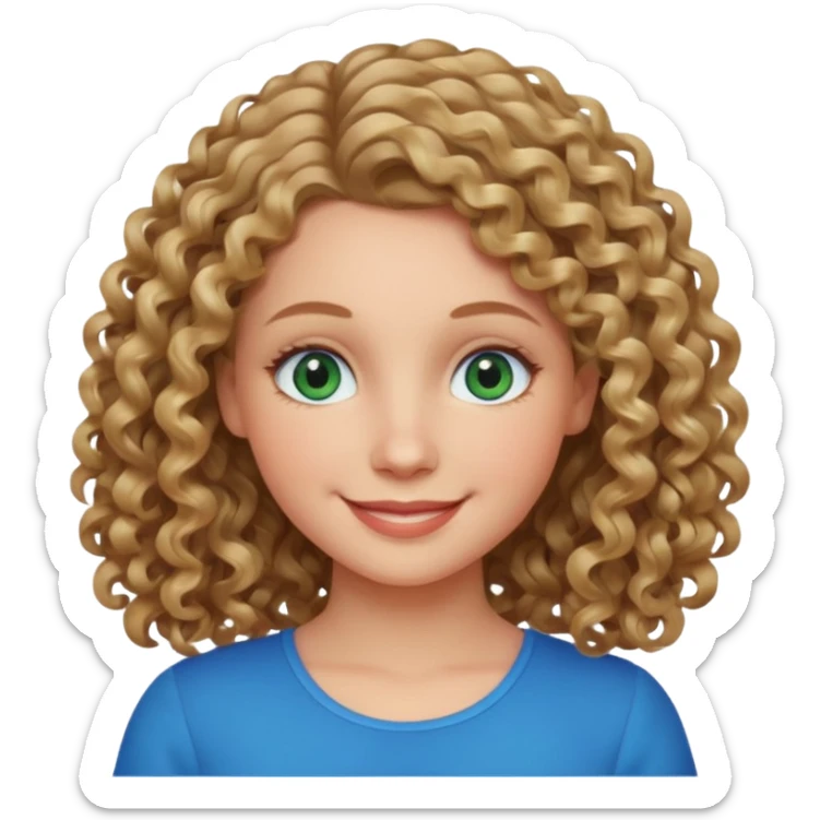 white girl with dark blonde curly hair, blue-green eyes, smiling, shoulder length hair sticker