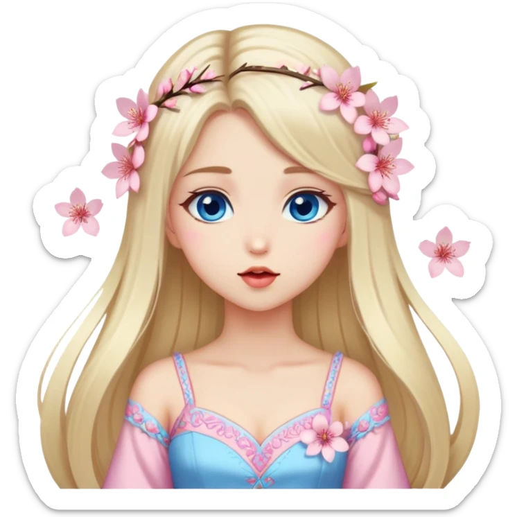 Turkish Girl with long blond hair with sakura accessories on her hair with a long tailed sakura dress on the ground and have blue eyes with beautiful finish and she sending lovely kisses  sticker