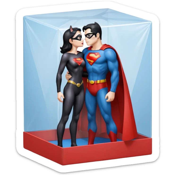 Isolated, ultra detailed illustration of the most incredibly realistic and sensual appearance, DC Hero Catwoman and superman kissing, full body view, center of image
figurine imaginable in plastic translucent cardboard box, toy style. sticker