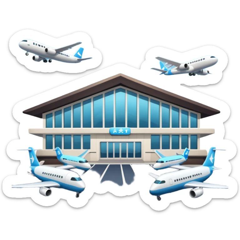 A 3D cartoon airport terminal building with glass windows and airplanes nearby, clean lighting, Memoji-style rendering. sticker
