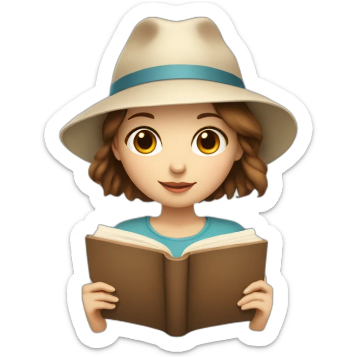 white skin, Girl with a hat, brown hair straight to the shoulders, holding a book sticker