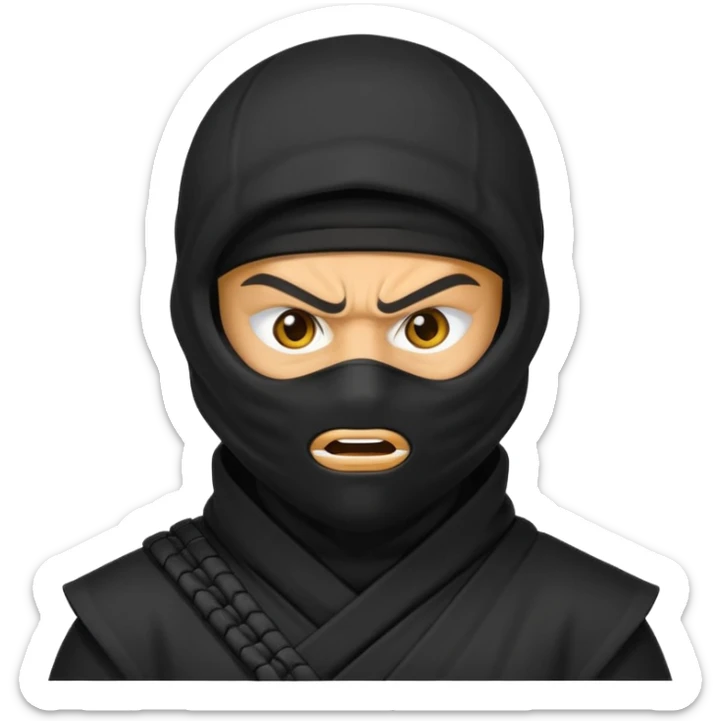 angry ninja face emoji, classic yellow emoji style, all black ninja mask, furrowed brows, only eyes exposed sticker