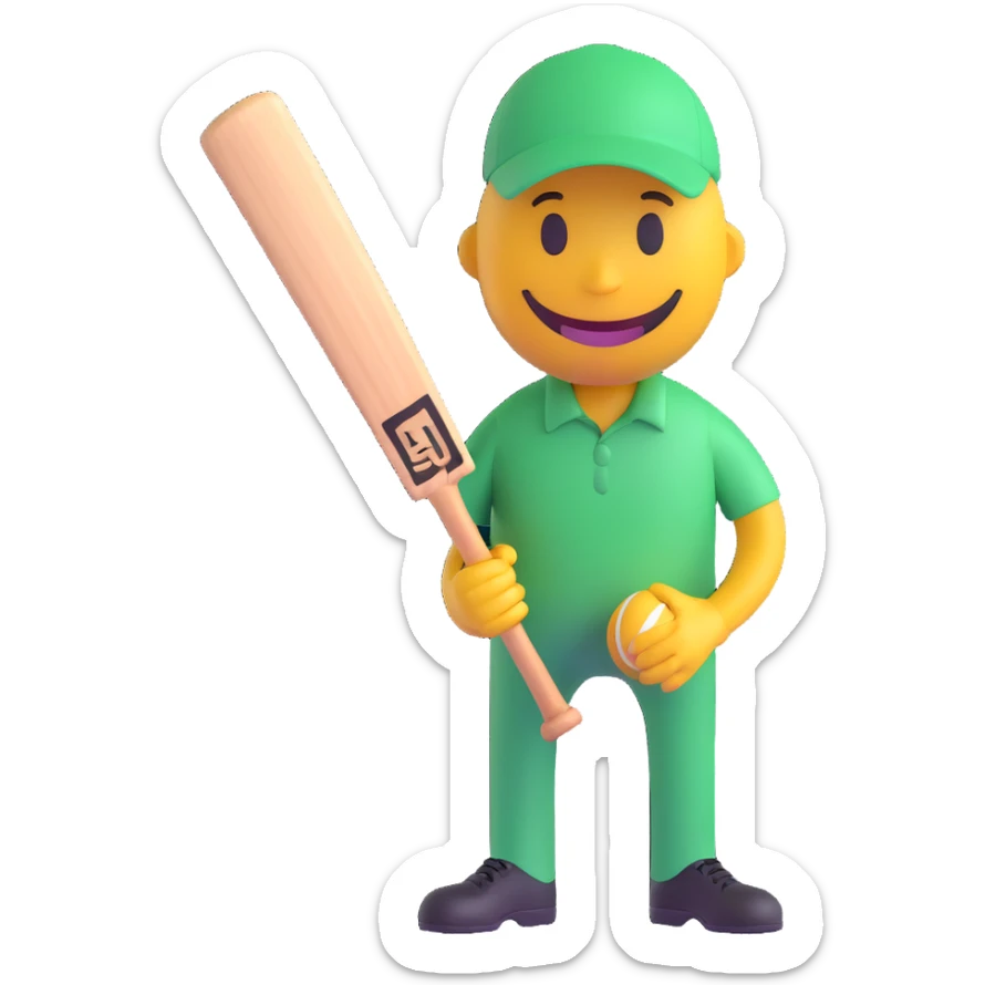 3D smiley emoji, round shape, holding cricket bat and ball, sporty face, transparent background (cricket) sticker